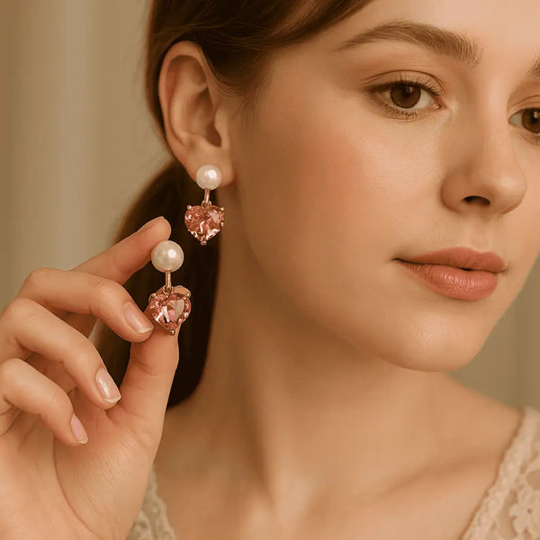 Pink Pearl Heart Drop Earrings