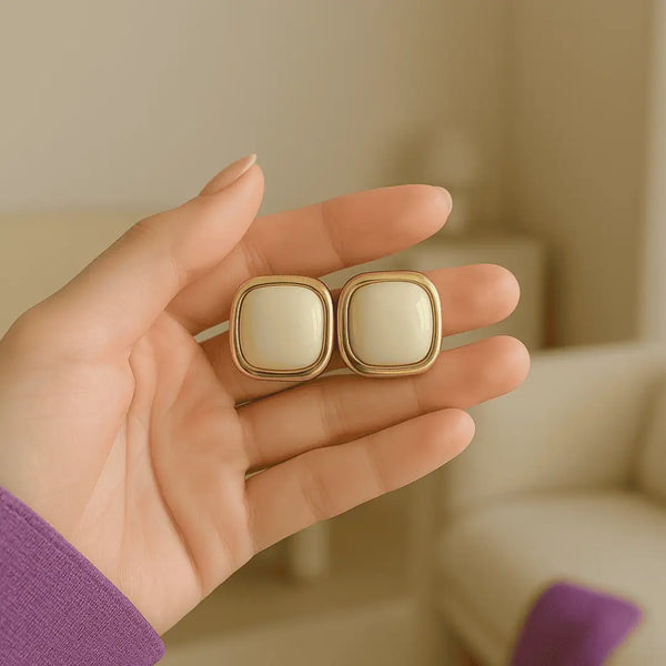 Ivory Pearl Square Stud Earrings – Minimal Gold-Tone Elegant Studs