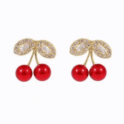 Vintage Cherry Drop Earrings – Red Enamel & Crystal Leaf Studs
