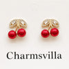 Vintage Cherry Drop Earrings – Red Enamel & Crystal Leaf Studs