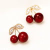 Vintage Cherry Drop Earrings – Red Enamel & Crystal Leaf Studs