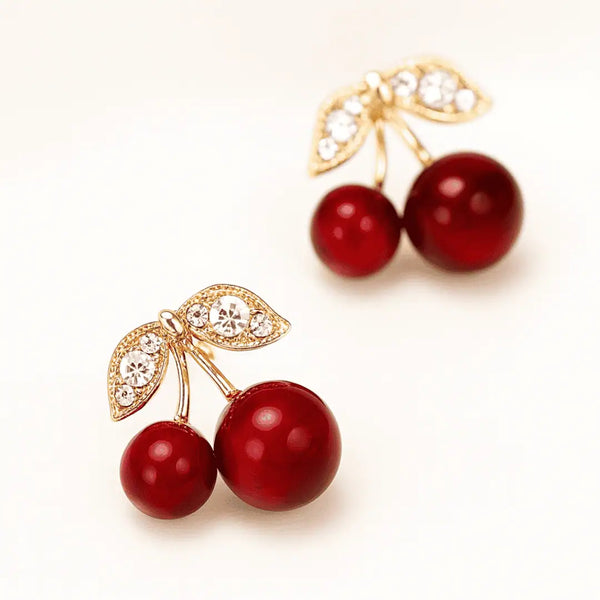 Vintage Cherry Drop Earrings – Red Enamel & Crystal Leaf Studs