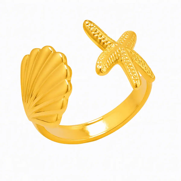 Golden Seashell & Starfish Ring – Beachy Vibes in Style