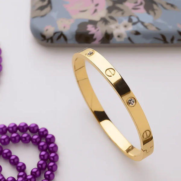 Golden Screw-Detail Crystal Bangle